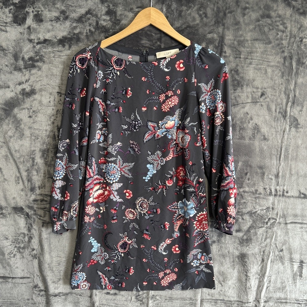 LOFT Women's 00P Petite Floral Micro Mini Dress Long Sleeve‎ Boho Zip Boat Neck - Picture 9 of 16
